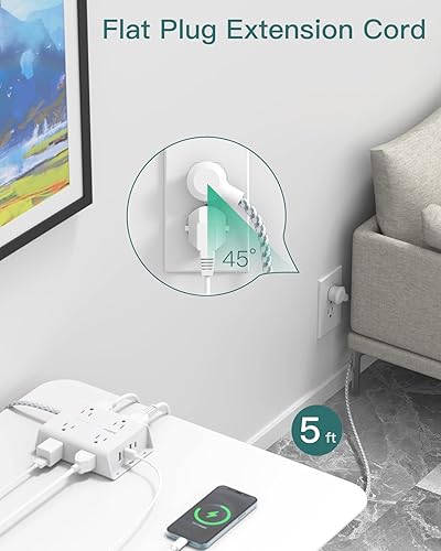 Miniatura 10 de Regleta de alimentación Addtam con protector de sobretensiones de 10 pies de largo, cable de extensión con 8 salidas de CA y 4 puertos USB (1 USB