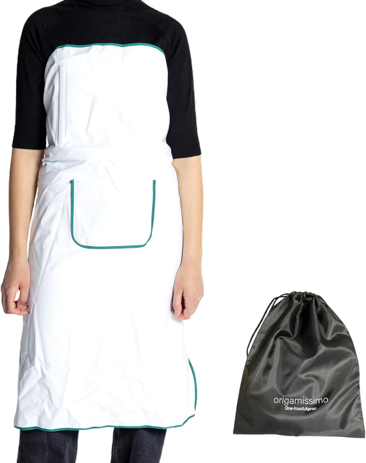 ONE TOUCH APRON PRO WITH POCKET Strapless Apron – No Shoulder Strain, White and green kitchen apron without ties - Waterproof apron - Waiter's apron with adjustable headband - Japan Brand