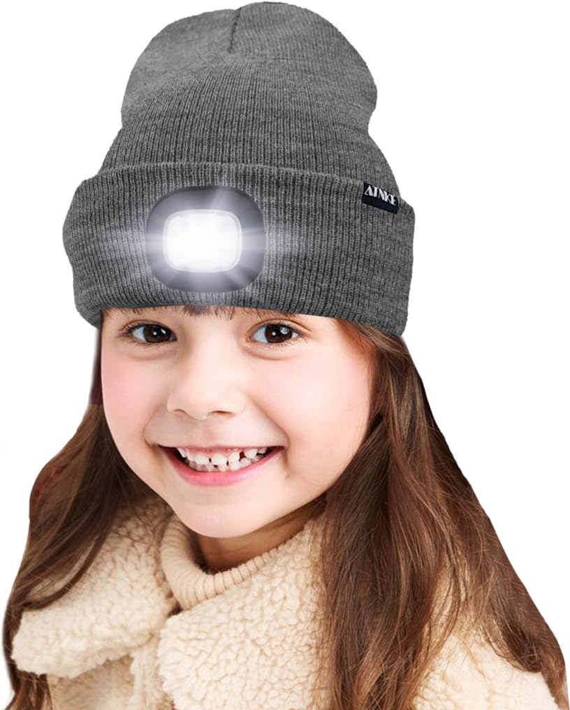 Atnke Boys Grey Kids Led Lighted Beanie Cap, Usb Rechargeable 4 Led Headlamp Waterproof Winter Warmer Knit Night Hats With Light For Girls