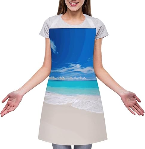 Miniatura 3 de MUSM White Beach Tropical Sea ApronClassic Vintage Funny with Pockets Aprons,Adjustable Bib Waterdrop Resistant for Kitchen Cooking Restaurant BBQ