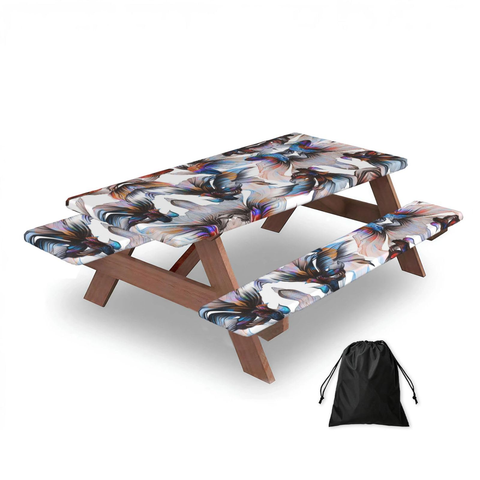 ESNAIUVCD Fish Print Picnic Table Cover With Bench Covers,Camping Essentials,Fitted Tablecloth Cover With Elastic Edge, For Indoor & Outdoor 3 Pcs