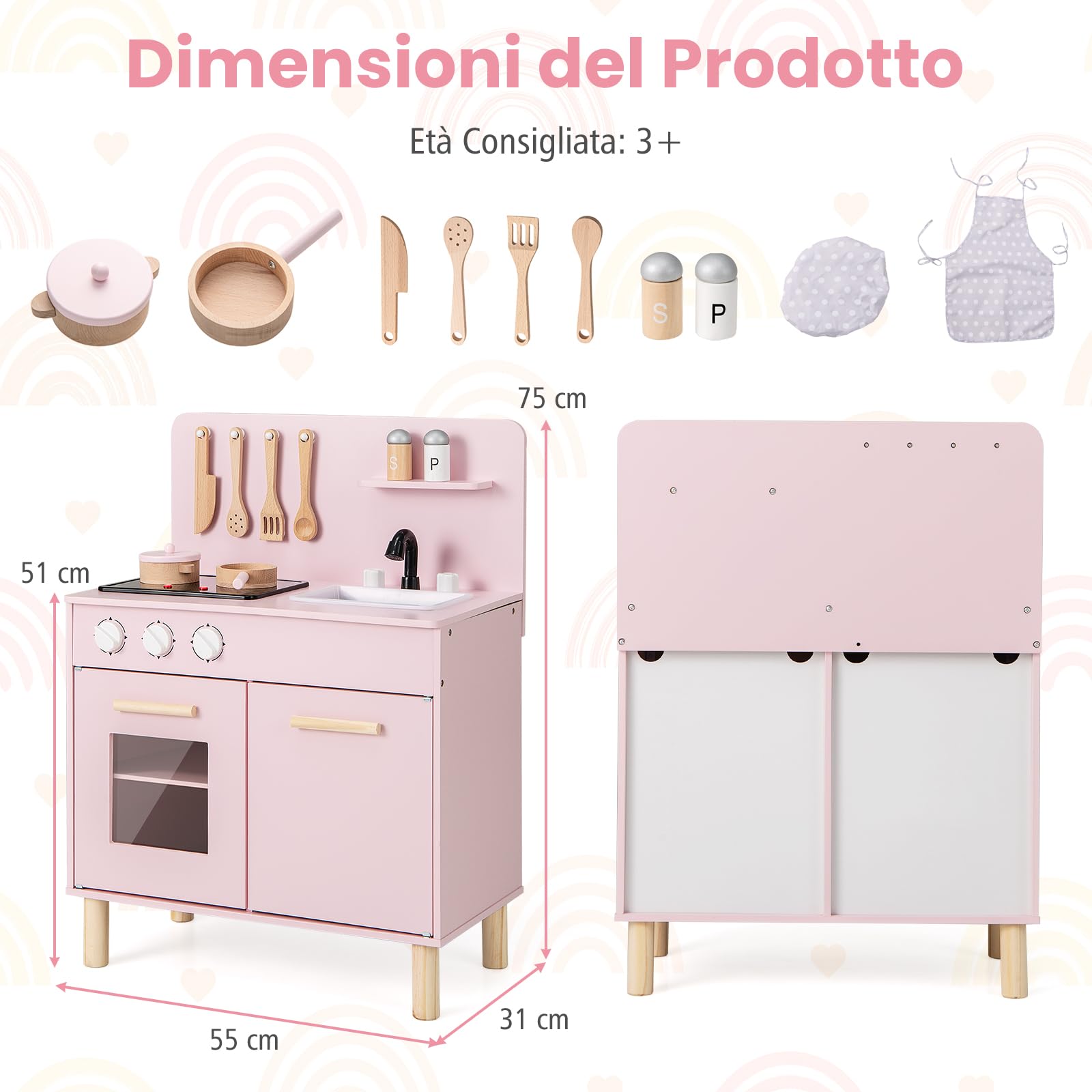 RELAX4LIFE Cucina Giocattolo per Bambini, Mini Cucina in Legno con Luci e Suoni Reali, Utensili da Cucina, Set Giocattoli per Bambini 3+ Anni (Rosa)