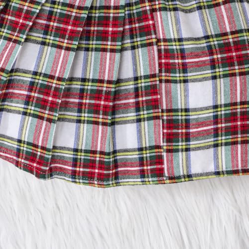 Image of Toddler Girls Christmas Outfits Girls Puff Sleeve Knit Ribbed Tops Button Down Vest Plaid Skirt Set Winter Clothes