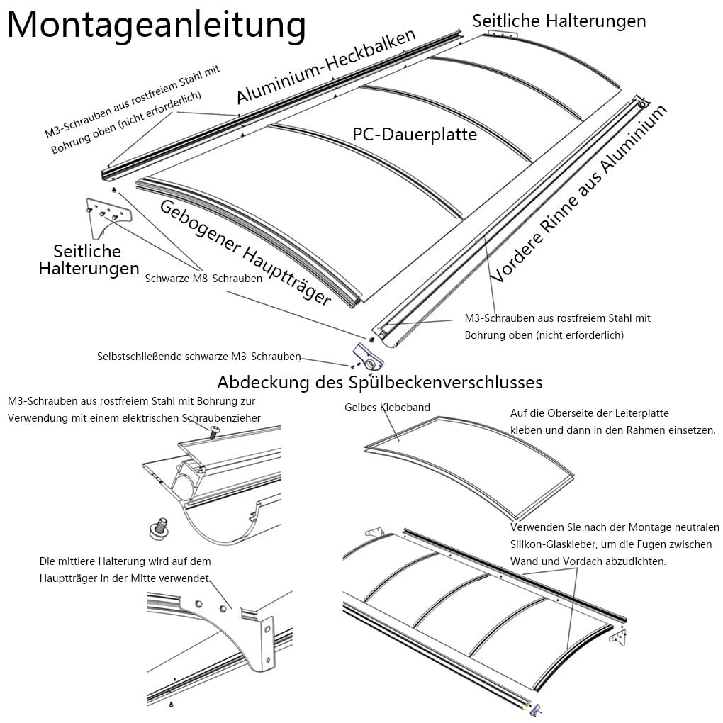 Pultvordach Vordach mit Alu-Regenrinne Transparente Haustür Überdachung,Gartenterrasse Regenschutz Markise Polycarbonat Rahmen aus Aluminium,Pultbogenvordach Schutz vor Regen (150×280cm)