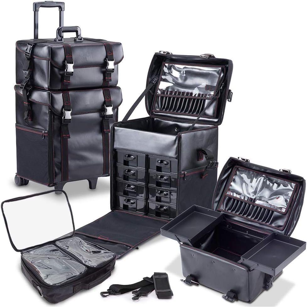 KIOTA 2 in 1 Pro Makeup Artist Case on Wheels, Multifunction Cosmetic Organizer with Removable Drawers, Beauty Trolley, Soft sided Case with PREMIUM Metal Buckles, ULTIMATE Series - Black Leather