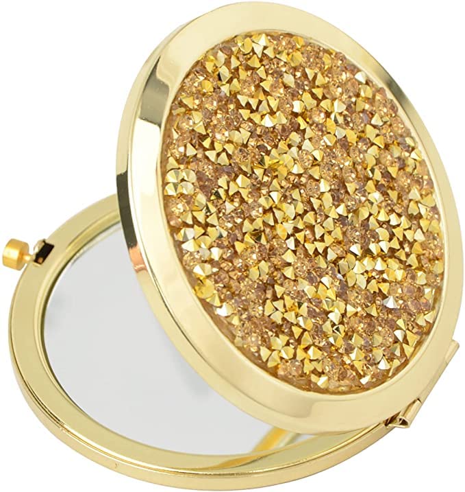 mpowtech Gold Compact Mirror for Women,Mix Diamond 2 x 1x Magnification Pocket Mirror,Folding Small Mirror for Purse,Portable Travel Makeup Mini Mirror for Gift