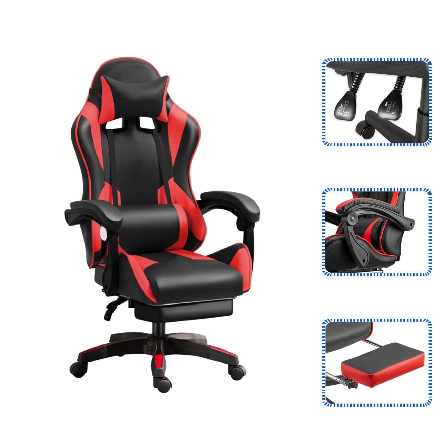 IZTOSS Sedia Gaming ergonomica con schienale regolabile, con poggiatesta, braccioli e supporto lombare (C-Nero+Rosso)