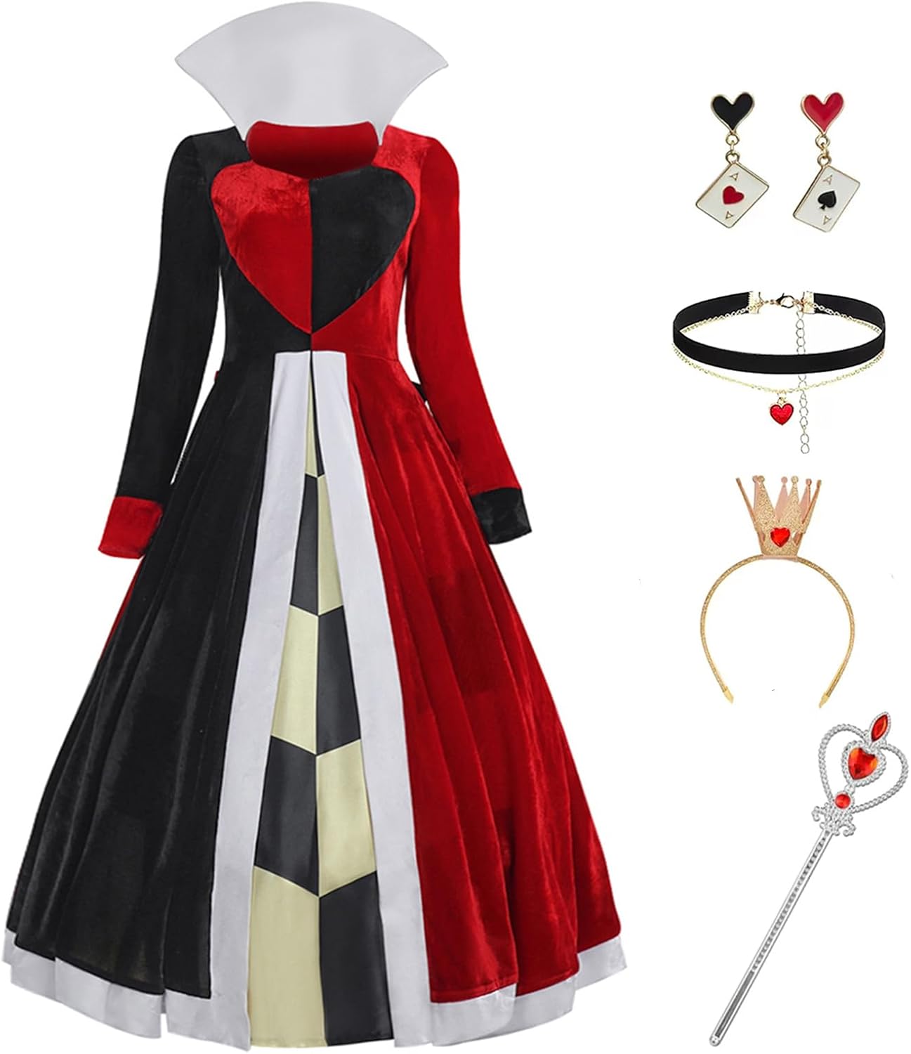 Queen of Heart Costume Red Queen Dress Womens Wonderland Halloween Cosplay Fairy Tale Party Ball Gown