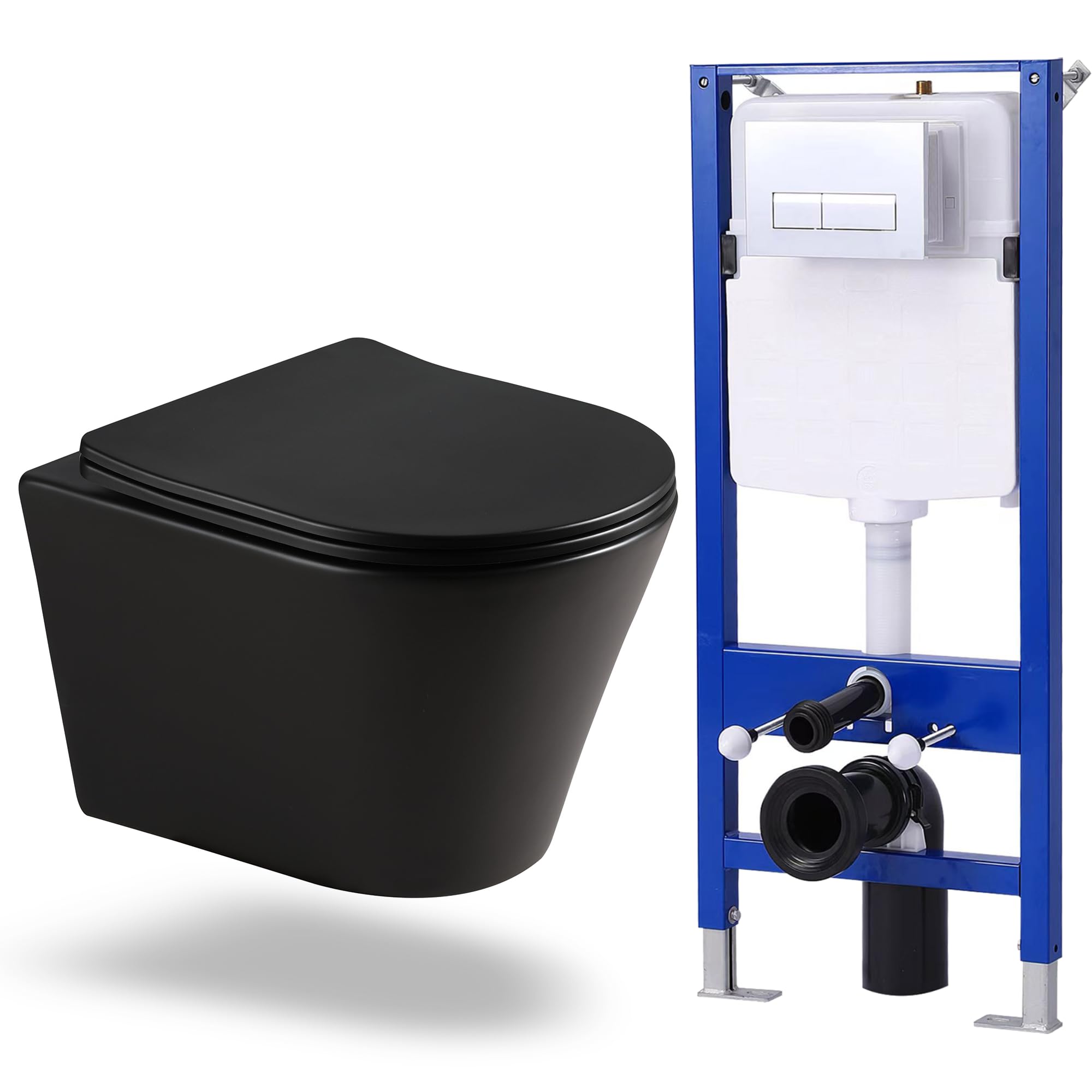 HOROW Juego completo de inodoro de pared con tapa de cierre suave, cisterna de cerámica negra + placa pulsador