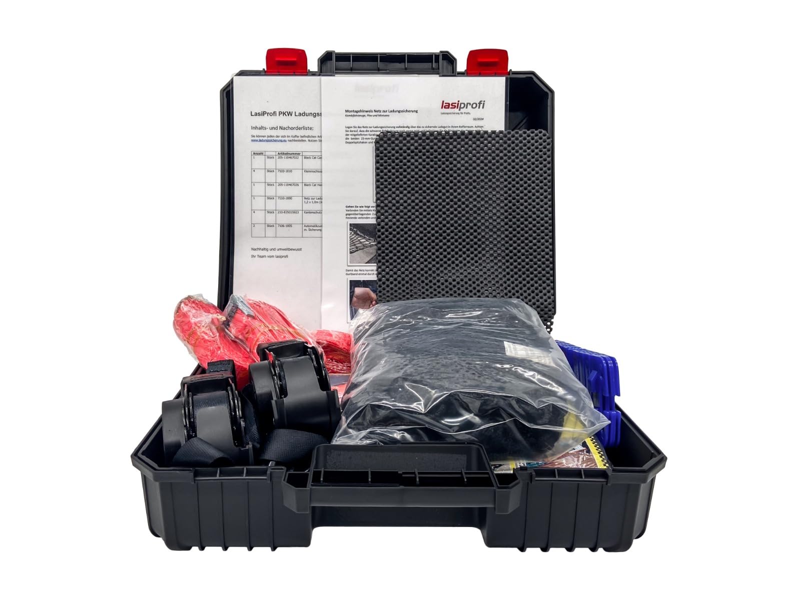 PKW Ladungssicherungskoffer Set 15-teilig Spanngurt mit Ratsche, Ladungssicherung, Abdecknetz, Antirutschmatte