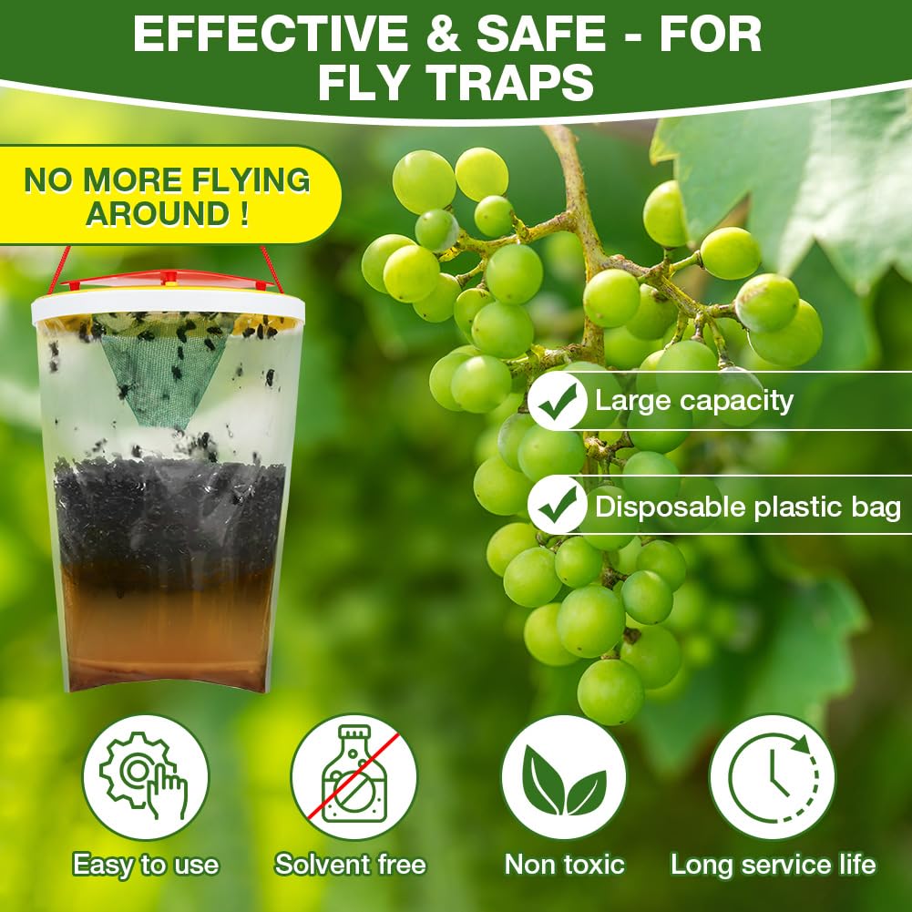 AOOWU Trampas para Atrapar Antimoscas Exterior, 2 PCS Trampas para Moscas con Alimentos, Trampa Cazainsectos Ecologica, Trampa para Moscas Desechable al Aire ​Libre para Jardin, Granjas y Aire ​Libre