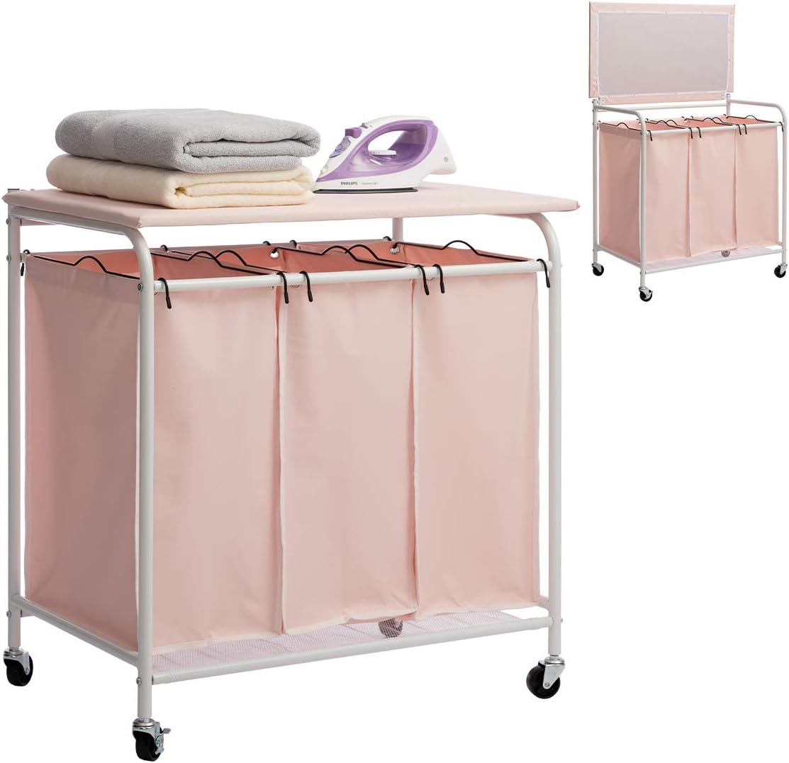 Marble Field 3-Bag Heavy-Duty Laundry Sorter Cart with Ironing Board Laundry Room Organizer with Casters Pink
