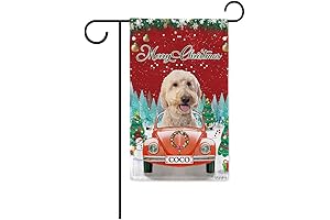 Merry Christmas Personalized Name Garden Flag Cute Dog Goldendoodle in the Car