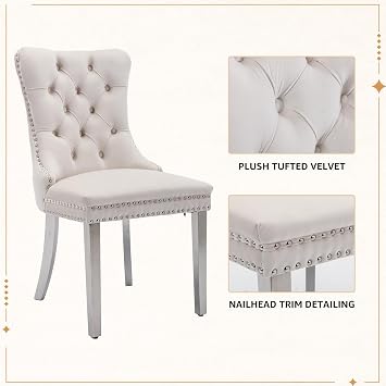 Velvet Dining Chairs Set of 4, Tufted Upholstered High Wingback Chairs with Nailhead Trim & Pull Ring, Silver Stainless Steel Legs for Dining Room, Sillas de Comedor, Beige