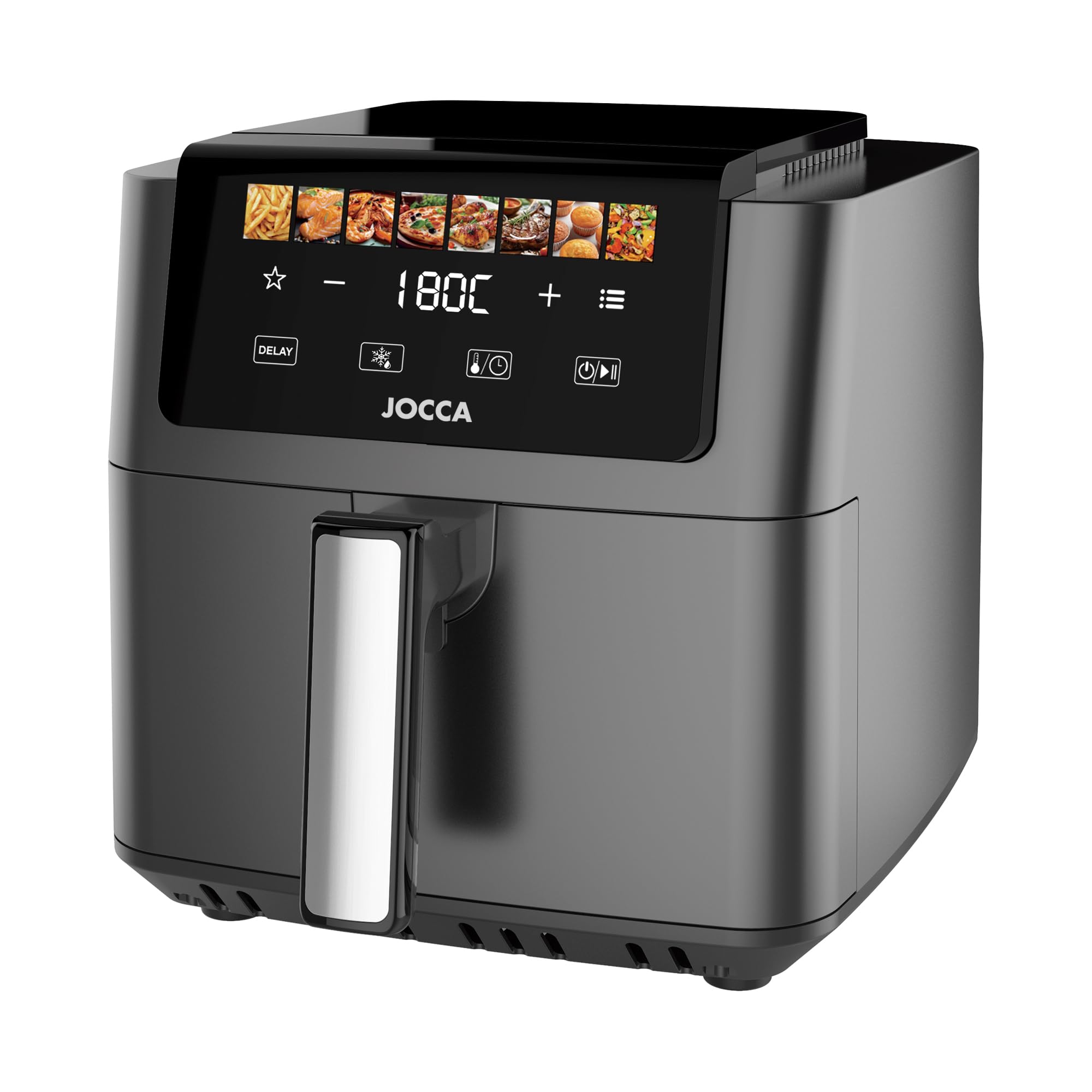 JOCCA - Freidora de Aire 6.5L 1700W con Pantalla Táctil, 8 Programas, Control de Temperatura 40-200°C, Air Fryer sin Aceite, Cavidad Metálica, Mango Desmontable, Negro