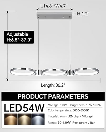 Miniatura 5 de Lámpara de araña LED moderna cromada de 54 W, 3000-6500K regulable moderna lámpara colgante con control remoto, luz de isla ajustable en altura para