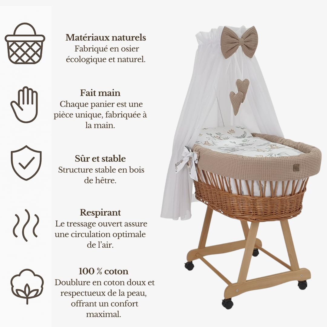 Wiklinopol Couffin Bébé avec Ciel de Lit – Berceau à roulettes en Osier avec Support – Ensemble Complet en Naturel avec 5 Pièces de Linge Nid d’Abeille Motif Safari Beige