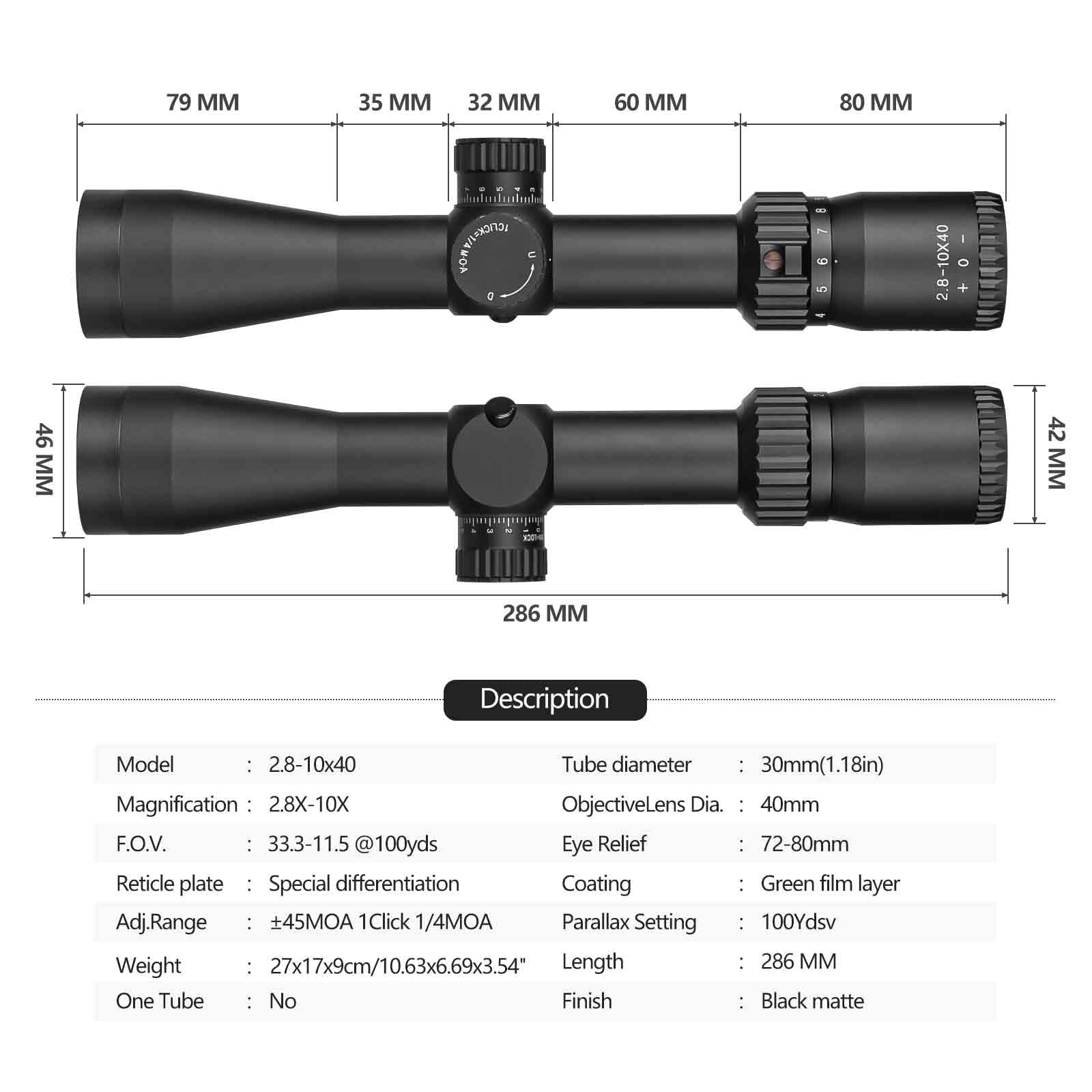 Spina Optics BT 2.8-10x40 Lunette de visée de Fusil de Chasse mil Dot 30mm Tube