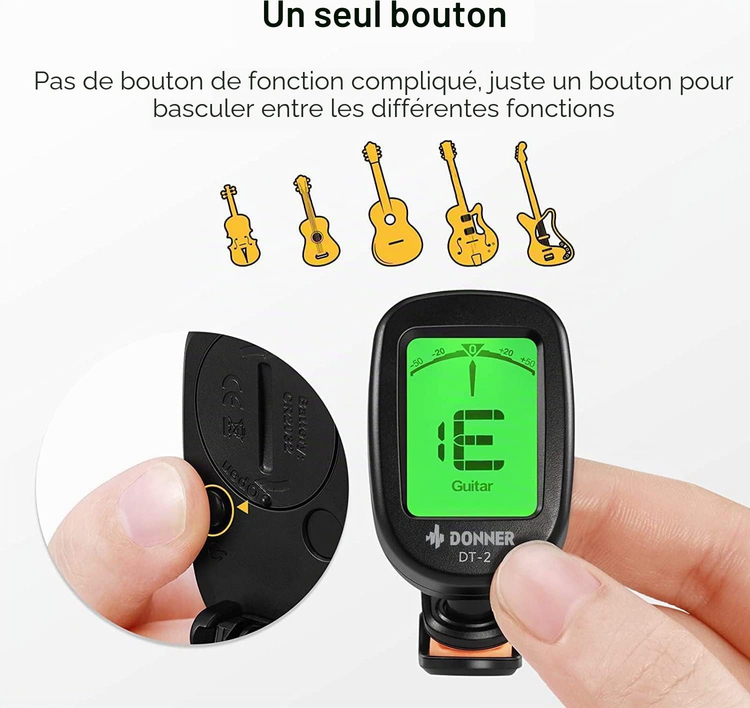 Donner Accordeur de Guitare Chromatique à Pince Tuner Portable pour Guitare, Basse, Violon, Ukulélé et Banjo, avec Ecran LCD 360° Rotation, Batterie Incluse (DT-2)