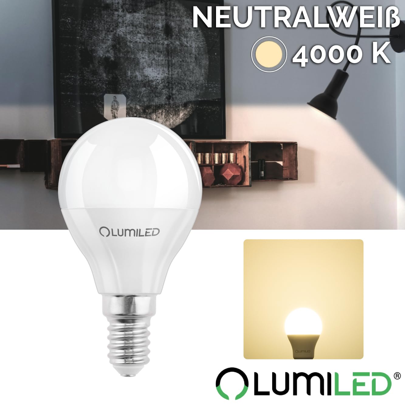 Lumiled Żarówka LED E14 P45 8W 880lm 4000K Neutralna Biel 180° Zamiennik 60W Nieściemnialna Kształt małej kropli Energooszczędna Zestaw 6 szt.