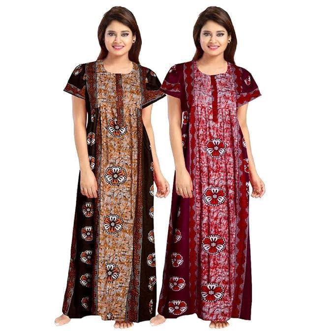 Nighty for Women Cotton Printed Maxi Gown Ankle Length Nighty Night Dress Gown for Women Maxi - Free Size (Pack of 2)