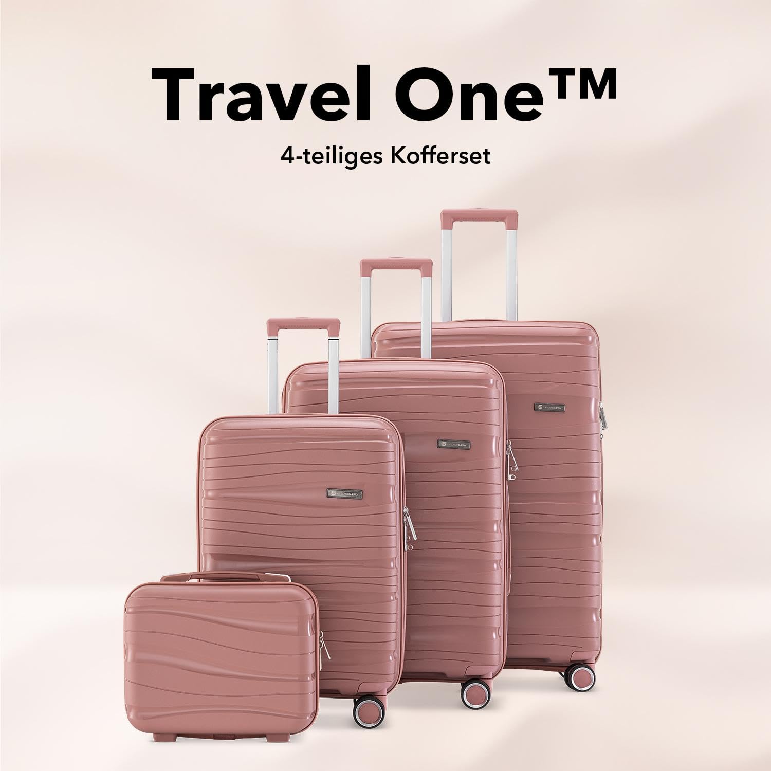 Travel One Kofferset 4-teilig – Rosa – Hartschalen Trolley-Set 32/60/98L, Zahlenschloss & 360° Rollen