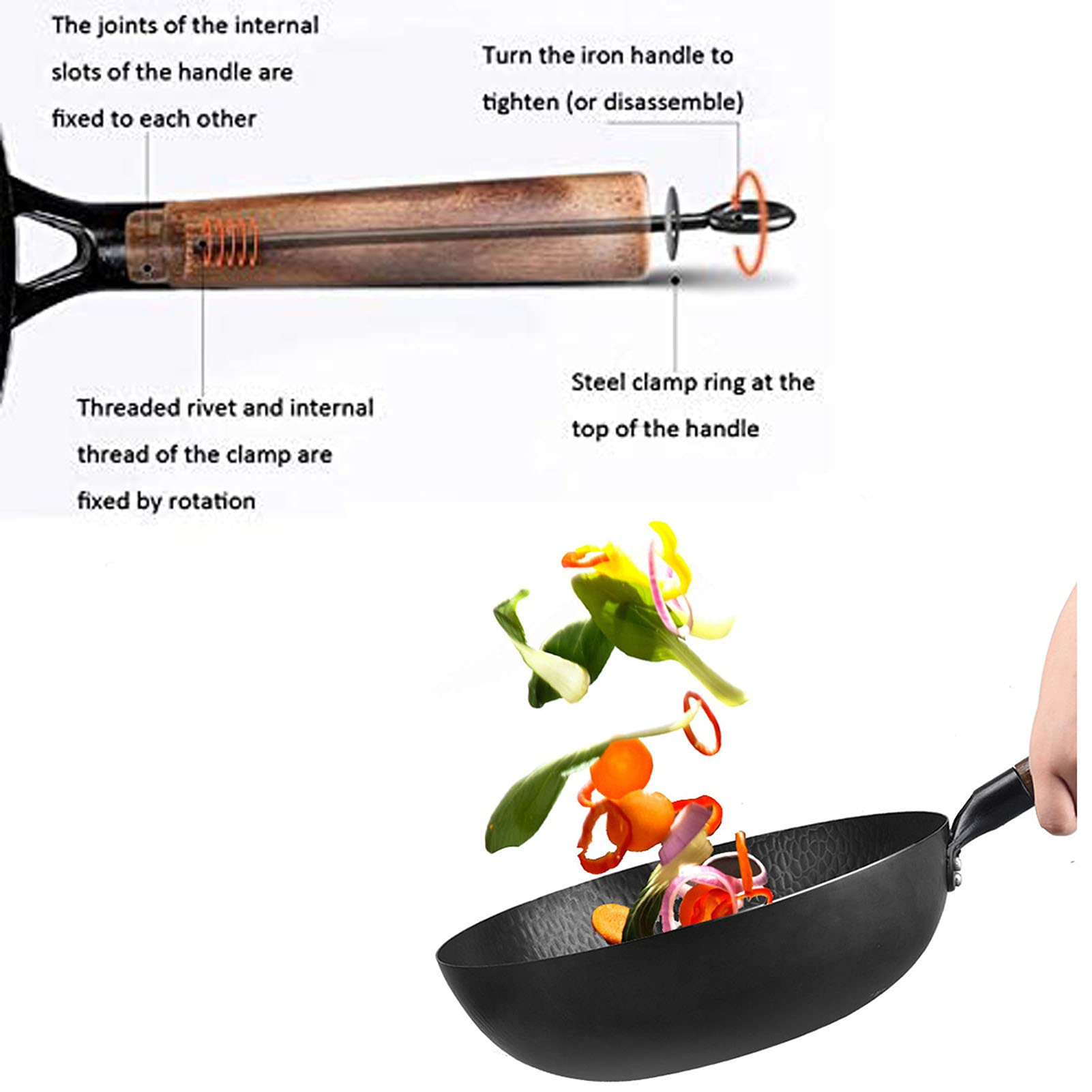 Wok tradizionale in acciaio al carbonio martellato a mano 12,6 pollici / 32 cm con manico in legno rimovibile e coperchio in legno