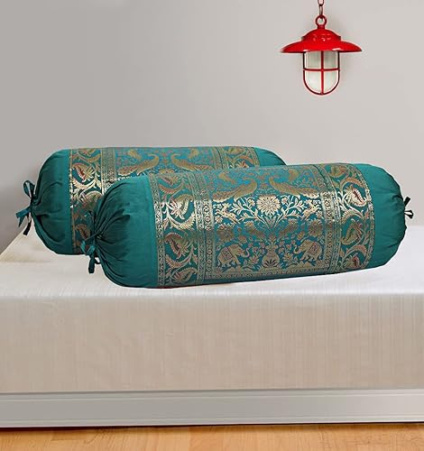 Miniatura 2 de DK Homewares - Juego de 2 fundas de almohada rectangulares de seda jacquard con brocado étnico para yoga, cilíndricas, color verde oscuro, para sala