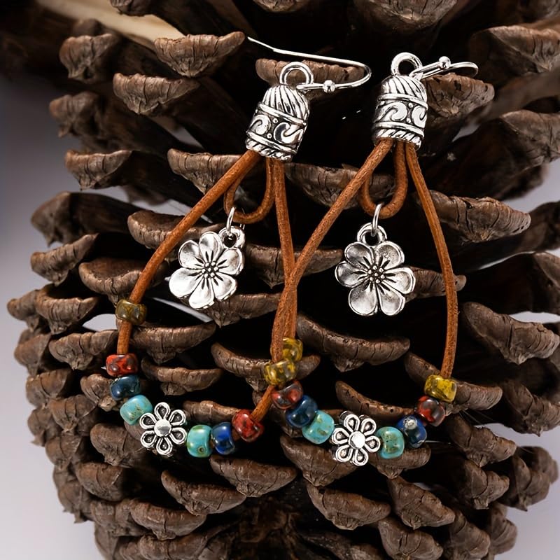 Boho Earrings for Women,Handmade Vintage Dangle Drop Earring,Western Country with Nature Stone and Flower4