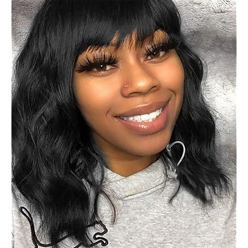 Elfairy Black Wig with Bangs Wig for Women 12in Short Bob Wavy Curly Wig Natural Black Hair Wigs Heat Resistant Hair Replacement Wigs(12'' Natural Black 1B)