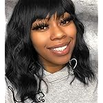 Elfairy Black Wig with Bangs Wig for Women 12in Short Bob Wavy Curly Wig Natural Black Hair Wigs Heat Resistant Hair Replacement Wigs(12\'\' Natural Black 1B)