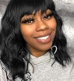 Black Wig with Bangs Wig for Women 12in Short Bob Wavy Curly Wig Natural Black Hair Wigs Heat Resistant Hair Replacement Wigs(12'' Natural Black 1B)