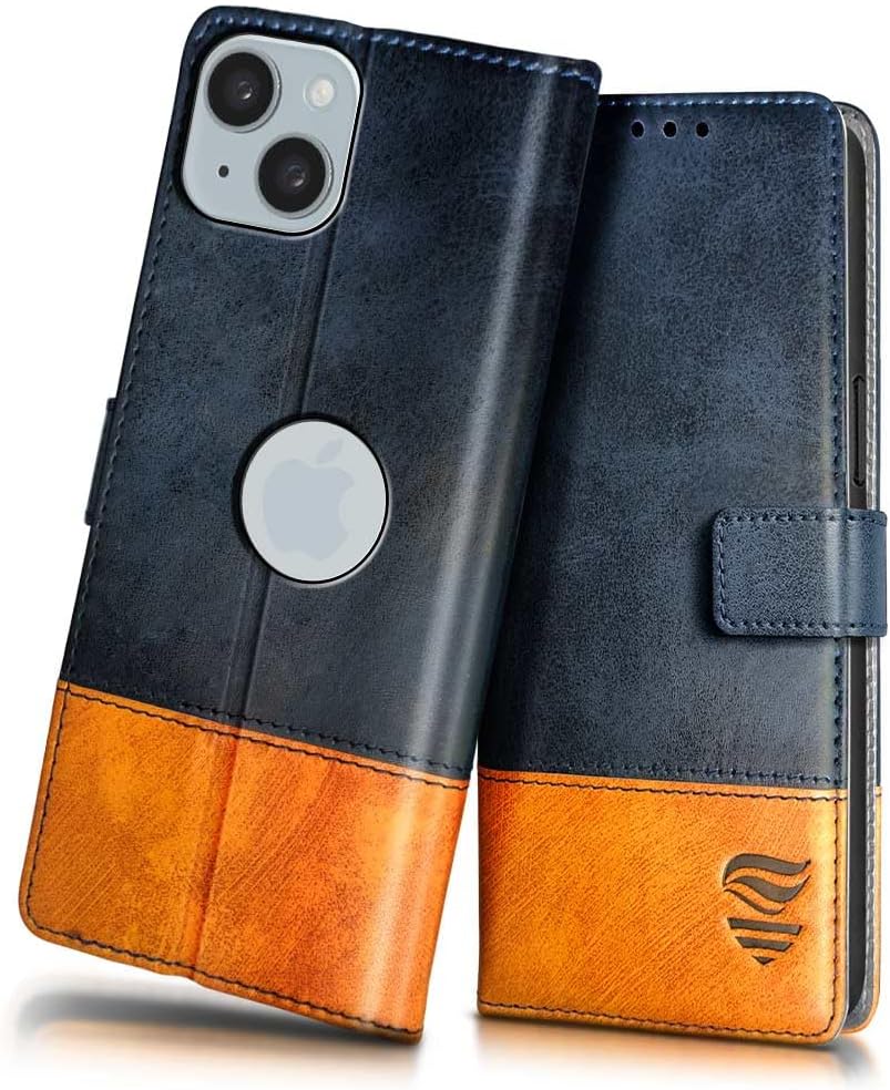 FLIPPED Vegan Leather Flip Case Back Cover for Apple iPhone 15 Plus (Flexible, Shock Proof | Hand Stitched Leather Finish | Card Pockets Wallet & Stand | Irish Blue with Tanned Oak)