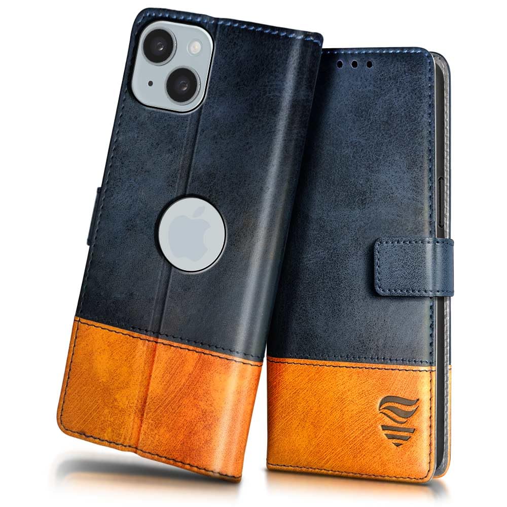 FLIPPED Vegan Leather Flip Case Back Cover for Apple iPhone 15 Plus (Flexible, Shock Proof | Hand Stitched Leather Finish | Card Pockets Wallet & Stand | Irish Blue with Tanned Oak)