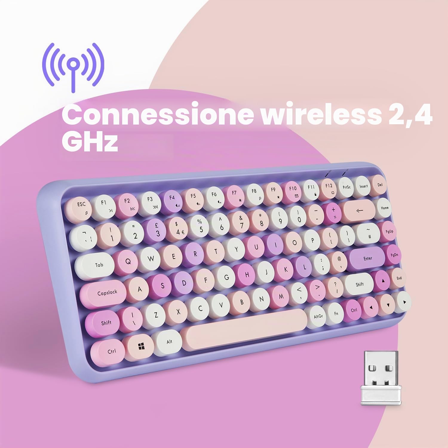 Perixx PERIDUO-713PP ES - Set di mouse e mini tastiera wireless 2,4 GHz, tasti rotondi stile retrò, per PC e tablet, viola pastello, spagnolo QWERTY