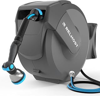 Relhost Retractable Garden Hose Reel 1/2" x 100ft Wall Mount with Any-Length Lock, Auto Rewind, 180° Swivel & 10-Pattern Nozzle, Dark Grey