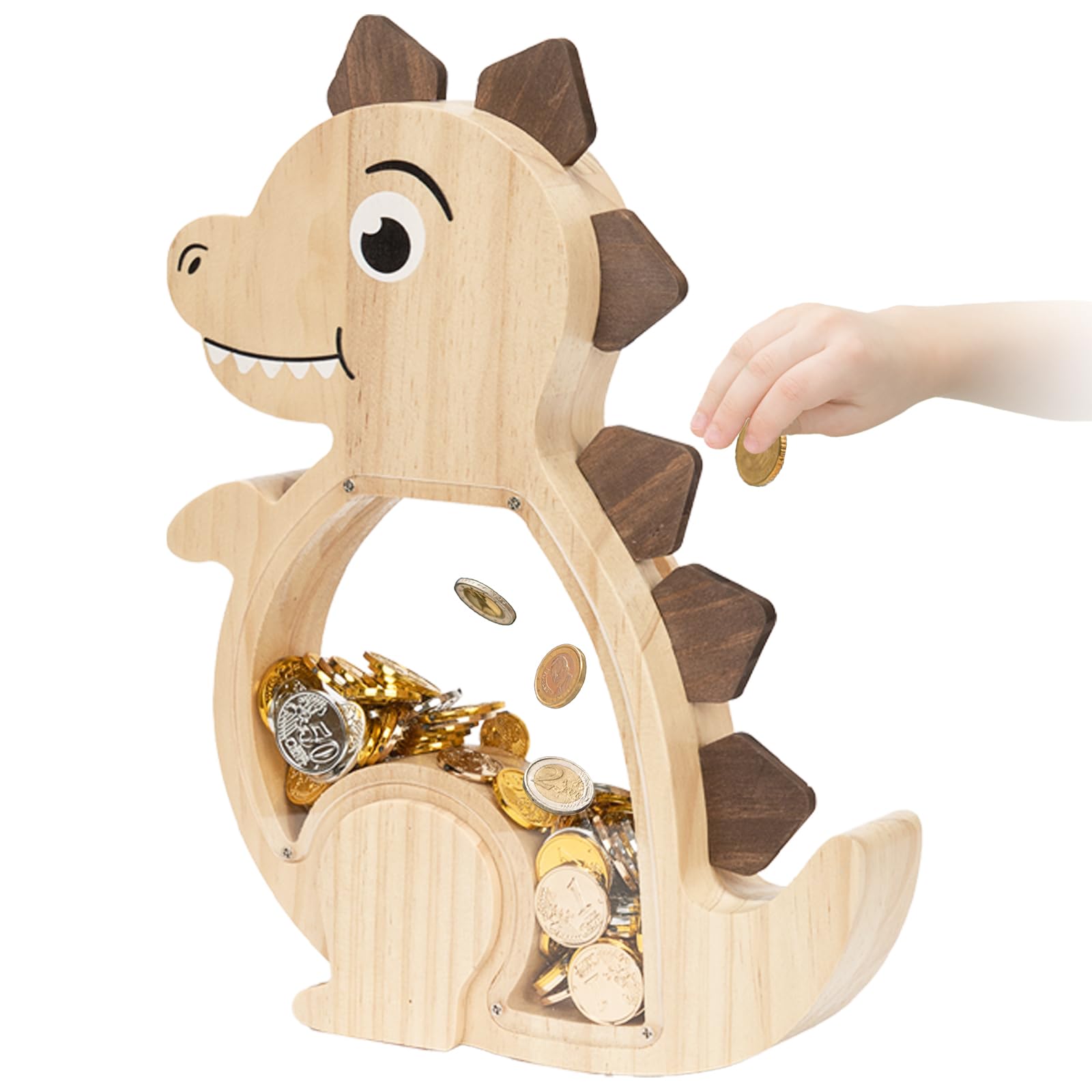 Extra Large Wooden Dinosaur Piggy Bank, Cute Money Bank for Boys and Girls, Unbreakable Wood Coin Bank with Acrylic Plexiglass, Money Jar for Kids