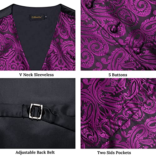 Image of DiBanGu Mens Paisley Suit Waistcoat,Silk Dress Vest and Bowtie Pocket Square Cufflinks with Lapel Pin Set for Wedding Tuxedo