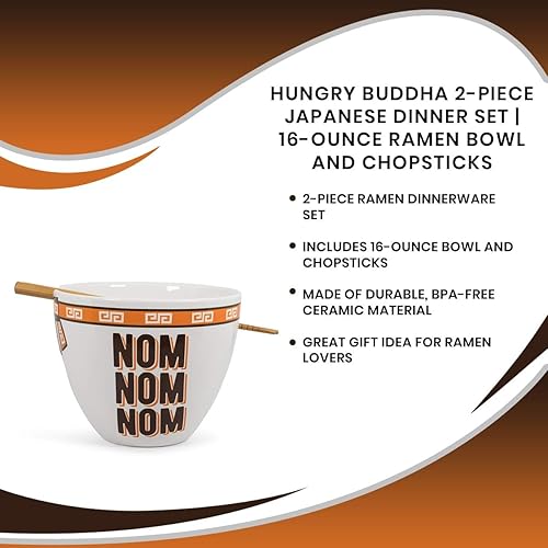 Miniatura 6 de Toynk Hungry Buddha Nom - Juego de tazón de cerámica y palillos para ramen, cuenco de sopa japonés de 16 onzas, juego de vajilla  Tazón de fideos de