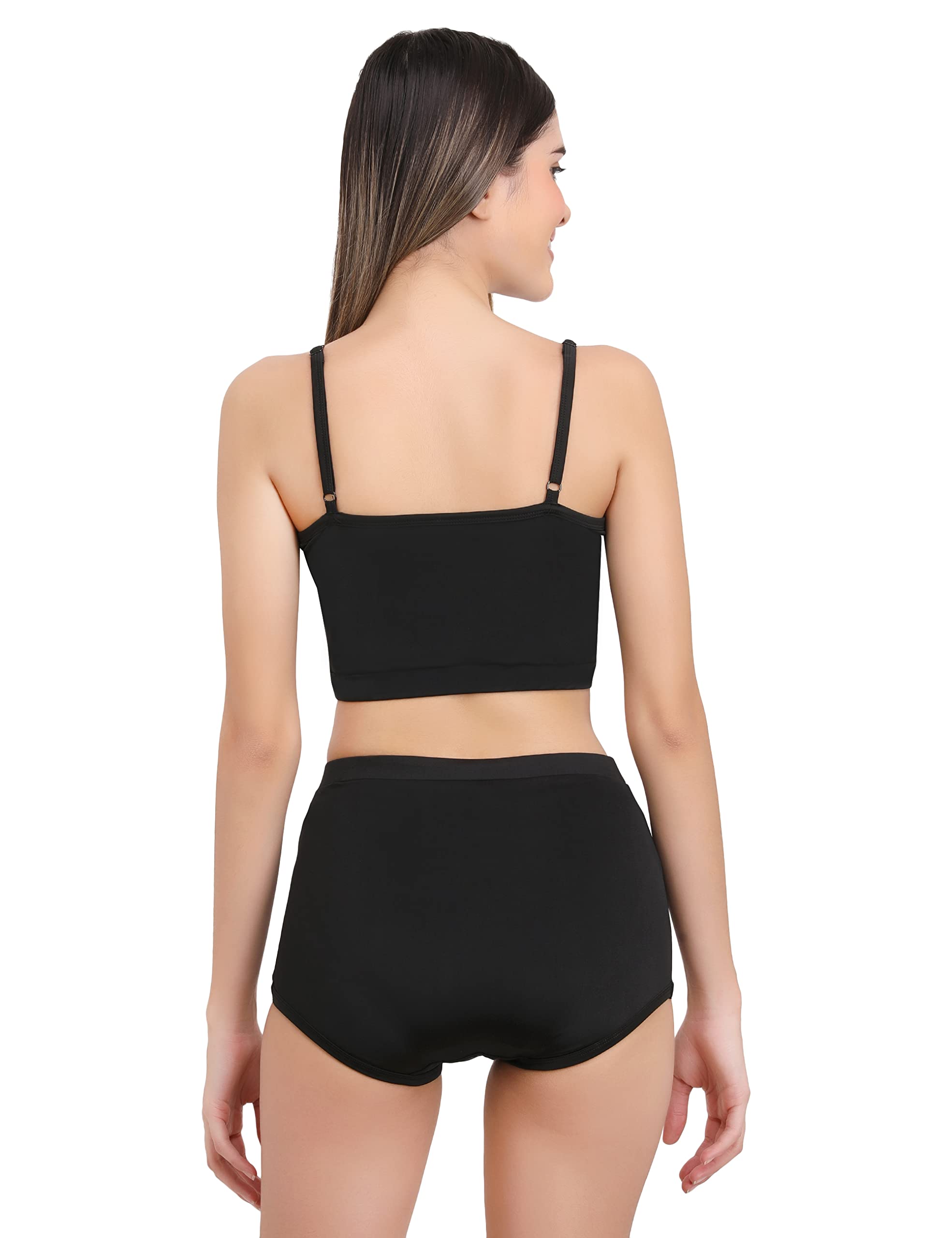 CREVOX Solid Black Padded Crop Top with Black Short Two Piece Swim Wear/Suit for Women (Medium, Nylon) 4