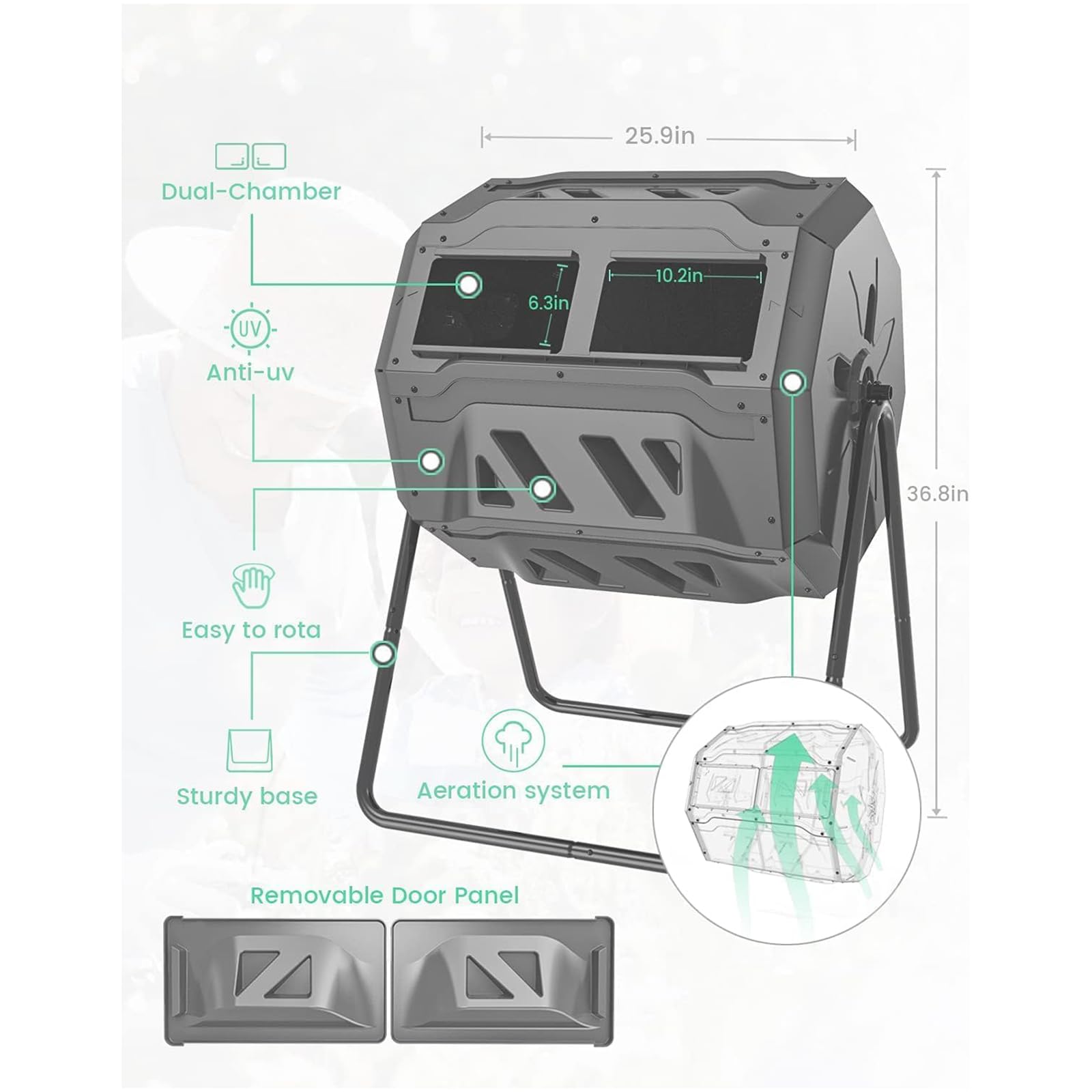 SQUEEZE master Contenedor de abono giratorio de doble cámara de 160 litros, compostador de jardín giratorio resistente, compostaje más rápido con mejor circulación de aire, vaso de compost giratorio