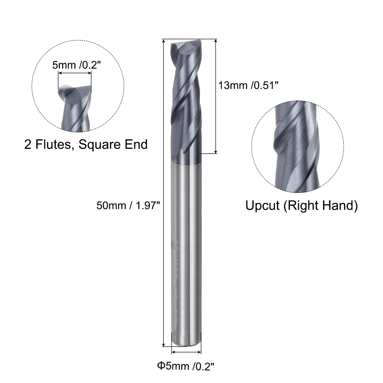 QUARKZMAN 2Pcs Fraises à Bout Carré de 5mm de Diamètre et de 5mm de Queue, 2 Flûtes, en Carbure Hrc45 Revêtu d'Altin, pour le Fraisage de Fin Cnc, Noir