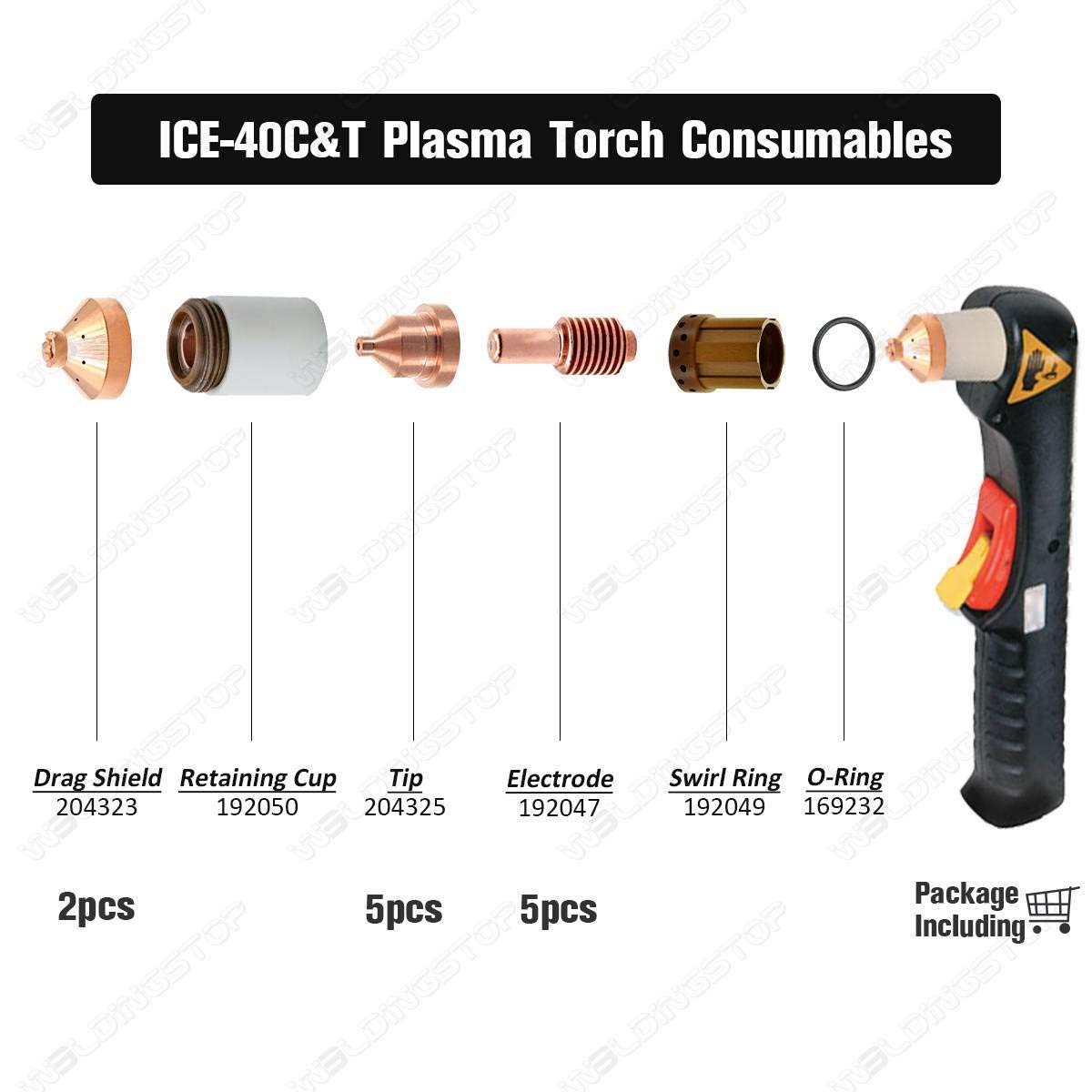 WeldingStop ICE-40C ICE-40T Plasma Electrode 192047 Tips 204325 Drag Shield 204323 for Miller Spectrum 625 Cutter Torch PK-12
