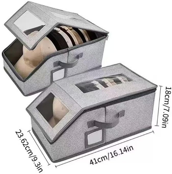 Hat Organizer for Baseball Caps - 2PCS Stackable Storage with Clear Window Lid, Flip-Top Access, Space-Saving Hat Box for Closet, Breathable Fabric (Grey)