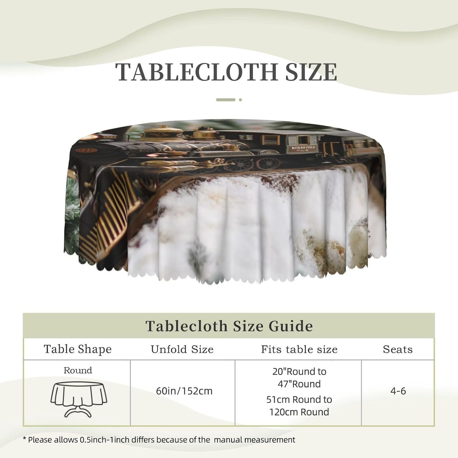 Steam Locomotive Train - 60 Inch Round Tablecloth, for Outdoor Picnic, Spill Proof and Washable Tablecloth, Kitchen and Holiday Dinner