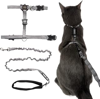 Travel Cat Harness and Bungee Leash Set - 2 in 1 Adjustable Escape Proof Cat Harness & Leash for Small, Medium, Large Cats, Kitten - Safe H-Style for Outdoor Walking (Checkered)