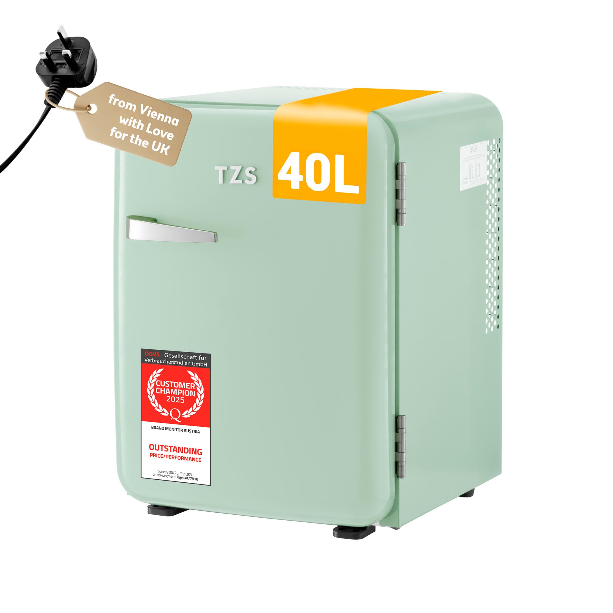 TZS First Austria - Retro Mini Fridge 40L - Silent Operation - Vintage Minibar for Bedrooms & Offices - Mint - 2