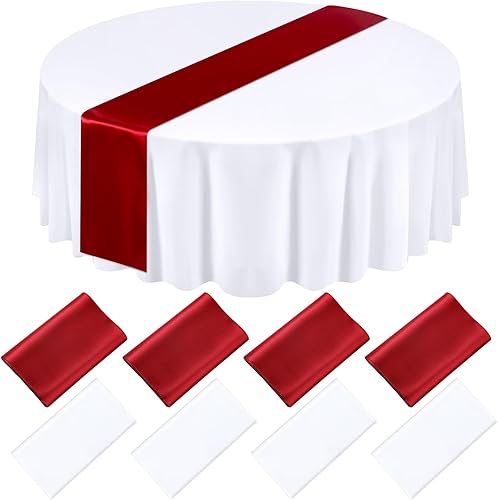 Tudomro Juego de 8 manteles redondos de plástico y camino de mesa de satén de 12 x 108 pulgadas, manteles redondos de 84 pulgadas para fiestas,