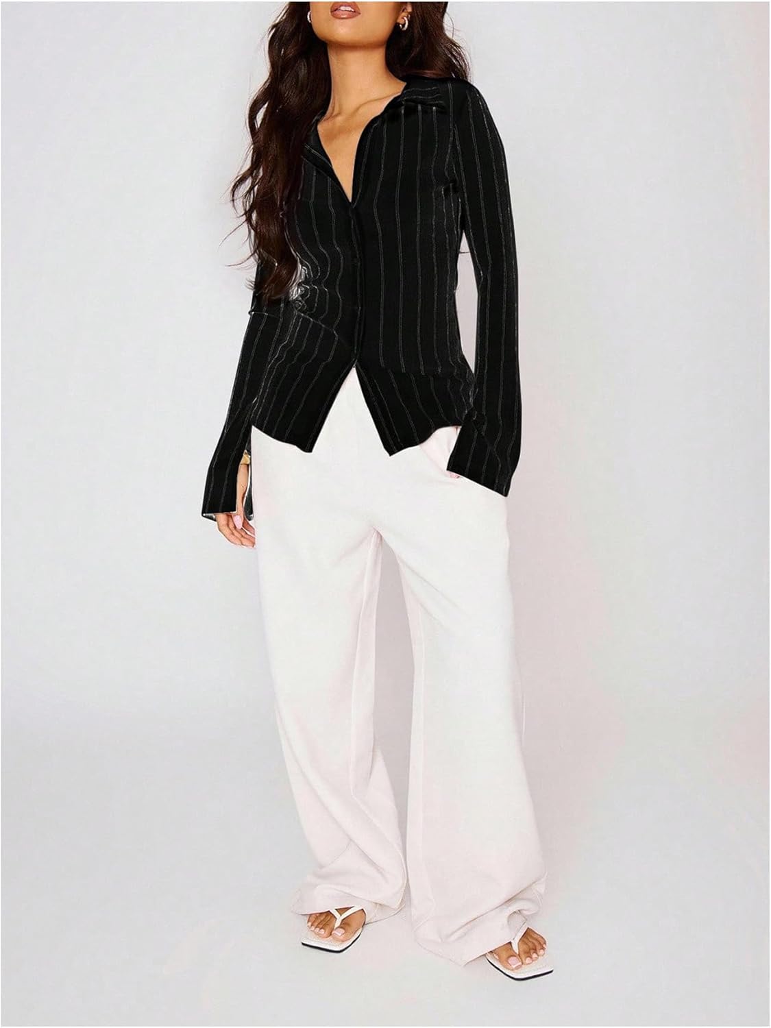 SweatyRocks Women's Button Down Striped Shirts Slim Fit Collared Shirts Bell Sleeve Work Office Tops - Image 5