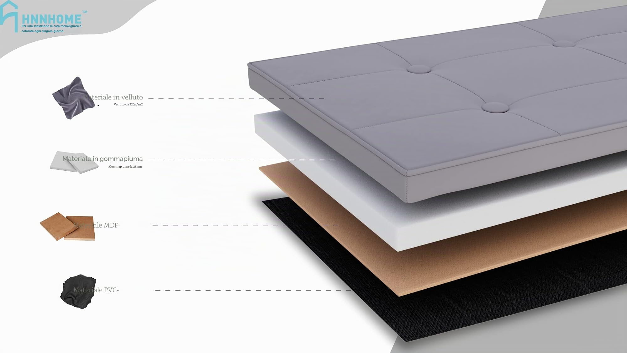 Hnnhome, pouf pieghevole in velluto da 110 x 40 x 40 cm con coperchio, poggiapiedi, contenitore per soggiorno, camera da letto (grigio, XL)